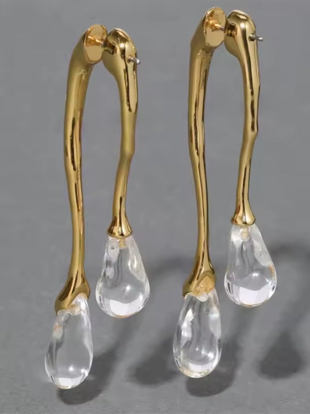 Gold Tone Organic Teardrop Crystal Drop Earrings Modern Statement NEW
